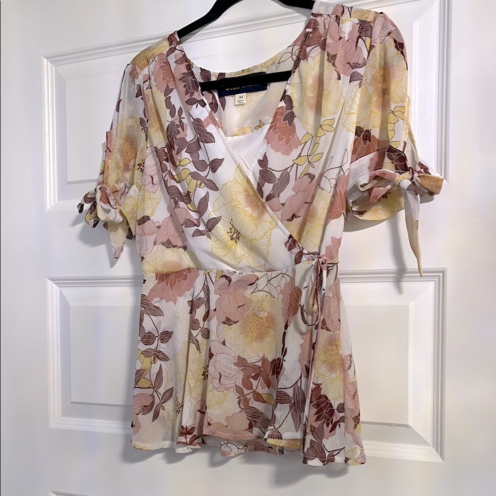 Blue Rain Floral Wrap Blouse - Pink and Cream